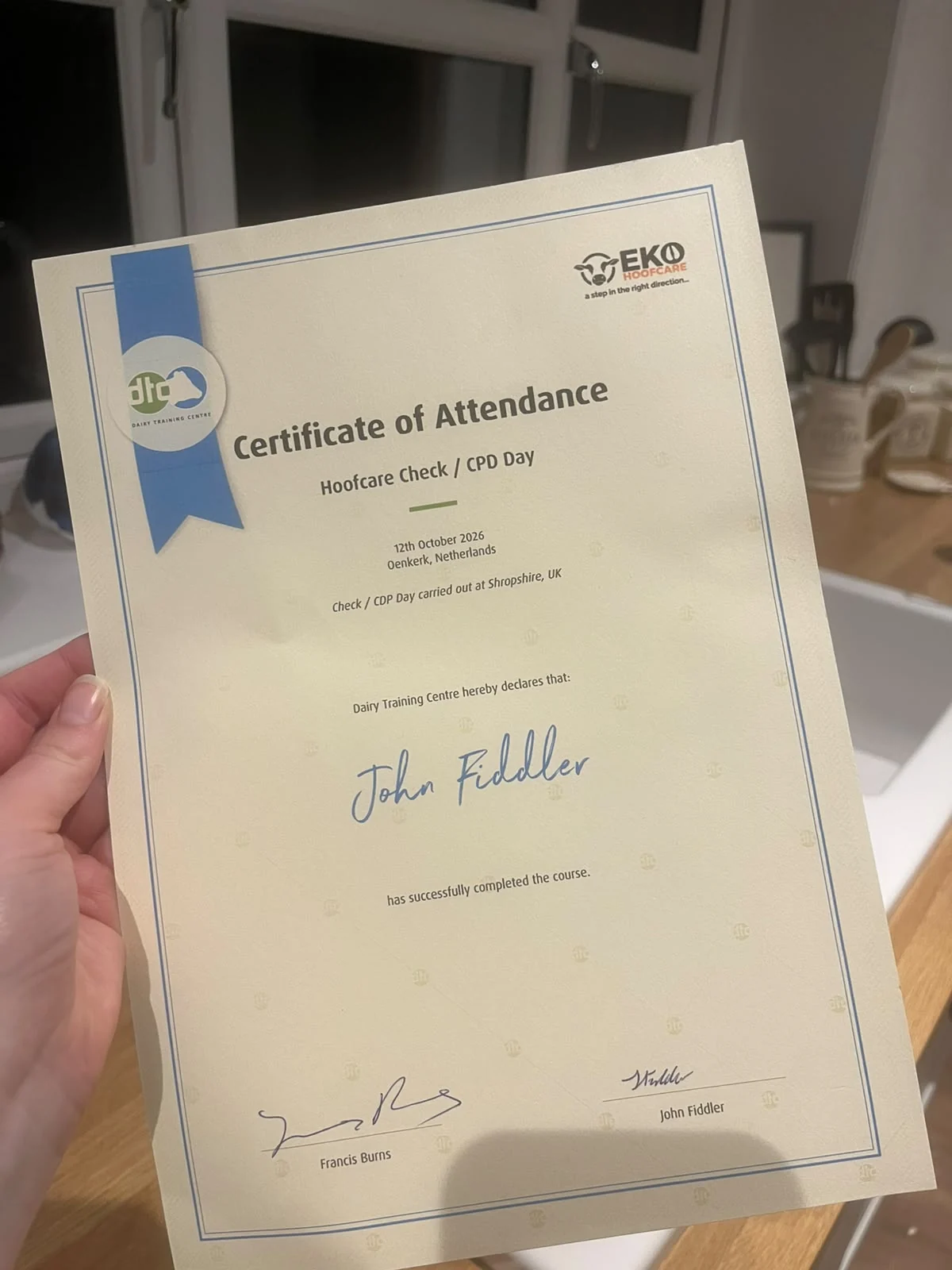 John Fiddler's 2026 hoof care CPD certificate